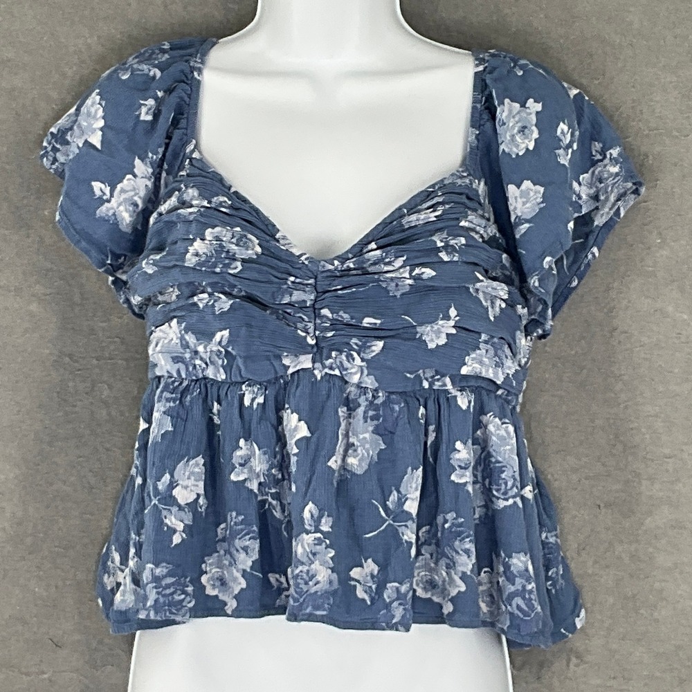 Hollister Blue Floral Smocked Peplum Crop Babydoll Top Womens Sz L Milkmaid‎